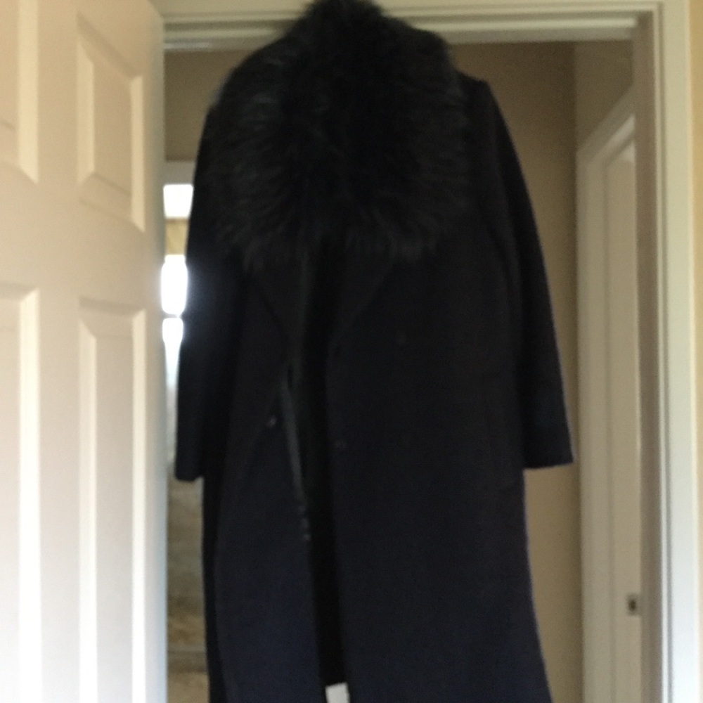 Anthropologie navy coat with fur collar